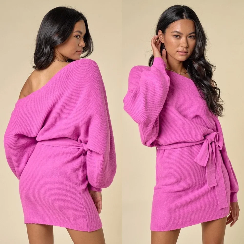 *PREORDER* What, Like It’s Hard? Pink Off Shoulder Sweater Dress - Picture 3 of 3